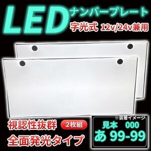 LEDナンバープレート 字光式 全面発光 12V 24V 兼用 2枚 セット 超高輝度 薄い 8mm 普通車 小型車 軽自動車 防水 装飾フレーム 電光 1台