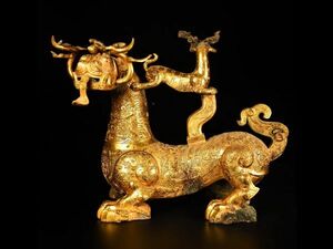 「戦國時期 古銅彫 塗金獣尊」旧銅器 置物擺件 賞物 中国古美術 旧蔵出