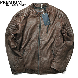 新品【 PREMIUM by JACK&JONES 】(ジャック&ジョーンズ) 風合い豊かなヴィンテージ加工ウォッシュブルレザーライダース50/L-XL相当