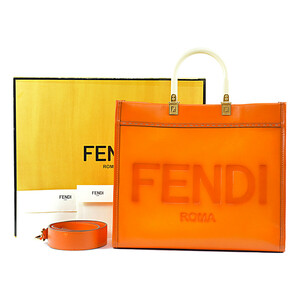 フェンディ 美品 サンシャイン ミディアム オレンジ ショッパー ロゴ トートバッグ メンズ ユニセックス 8BH386 FENDI