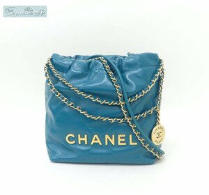 未使用 CHANEL 22 ミニハンドバッグ グリーン ゴールド金具 シャイニーカーフ 