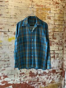 60s PLAID OPEN COLLAR SHIRT ヴィンテージ ビンテージ チェックシャツ オープンカラーシャツ 開襟シャツ ボックスシャツ 50s 送料無料