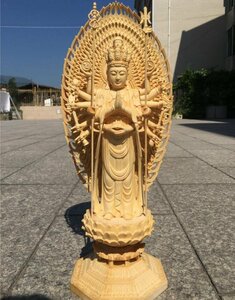 上品/綺麗 仏教美術 精密彫刻 仏像 手彫り 八角台座 桧木製 千手観音菩薩 高さ約43ｃｍ