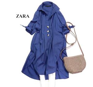 ザラ ZARA BASIC 大人可愛い☆ リネンブレンド 麻混 袖先リボン デザインチュニックワンピース S