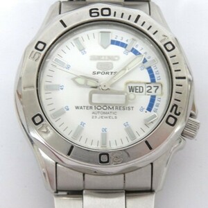 ♪tyom1324-1 193 ジャンク SEIKO セイコー5スポーツ 自動巻 メンズ腕時計 23石 100M 裏スケ ホワイト文字盤 7S36-00L0 文字盤部品ズレ有り