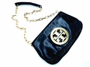 Tory Burch トリーバーチ 2WAY ロゴ プレート チェーン クラッチ バッグ 黒 ■■◎ ☆ ebc2 レディース