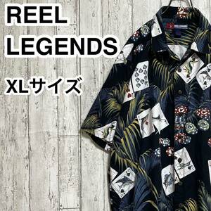 REEL LEGENDS リールレジェンズ アロハシャツ XLサイズ ブラック 総柄 葉 トランプ コイン ココナッツボタン 開襟 23-212