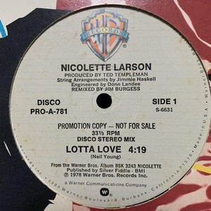 ◆ Nicolette Larson - Lotta Love (Long Version)◆12inch US盤 Promo サーファー系DISCOヒット!!