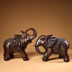 *珍品旧蔵*清時代 銅製 純銅 高浮雕鏨刻塗金 大象一對 極細工 稀少珍品 古美術品 LRF0228