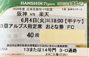 阪神甲子園チケット　6/4(火)阪神 vs 楽天　3塁アルプス指定席　大人1枚