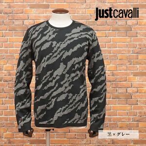 1円/春夏/Just cavalli/Lサイズ/丸首サマーニット なめらか ジャガード 迷彩柄 イタリア製 ワイルド ちょいワル 新品/黒×グレー/id208/