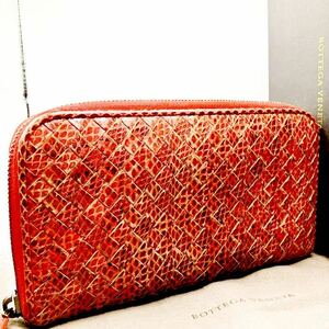 美品 BOTTEGA VENETA ボッテガヴェネタ 長財布 札入れ 小銭入れ ラウンドファスナー イントレチャート メンズ パイソン レザー レッド 赤