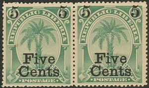 外国切手　リベリア　未使用　1893年加刷　5c/6c　”５”の足短い加刷ペア