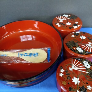 昭和レトロ■寿司はんぼ　蓋付き寿司桶(3個)　木製しゃもじ　(飯切り　漆器　扇)