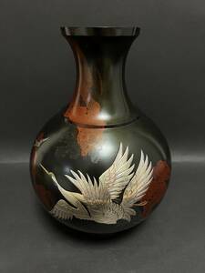 高岡銅器 鋳銅 「峰雲作 」花瓶 銀象嵌「 鶴 双鶴 」置物 高さ約27、5cm末使用