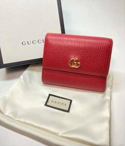 ■【美品】 GUCCI グッチ 546584 0416 プチマーモント GGマーモント 三つ折り財布 サイフ レザー 革 レッド 赤 ゴールド金具 箱 袋 付き