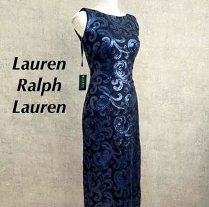 未使用　極上　ラルフローレン　Ralph Lauren イヴニングドレス　ネイビー　ペイズリー柄　細身　パーティー　ドレス　スパンコール