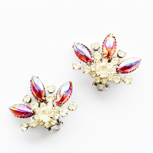 Vintage Judy Lee　1960’s～1970’s　 silver metal red aurora rhinestone earrings