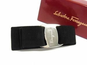 1円 ■極美品■ Salvatore Ferragamo フェラガモ ヴァラリボン キャンバス バレッタ ヘアアクセサリー ブラック系×シルバー系 AX4093