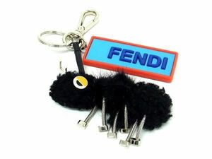 1円 ■美品■ FENDI フェンディ ボア×ファー×シリコン 蟻 キーホルダー キーリング バッグチャーム ブラック系×マルチカラー AW7750