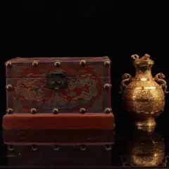中国古美術・大清宮廷旧蔵・鎏金宝石罐・風水置物・茶道具・宝石入・極細工・漆器箱付