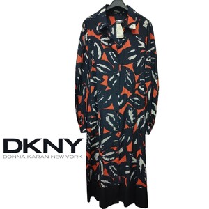 【タグ付き、訳あり】DKNY / ダナキャランニューヨーク レディース シルク 長袖 ロングシャツワンピース 10サイズ 総柄 薄手 I-3830