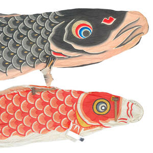 木綿 手描き 鯉のぼり 大サイズ ６ｍ 吹き流し 黒鯉 赤鯉 当時物 古布 アンティーク 端午の節句 5月人形 B3