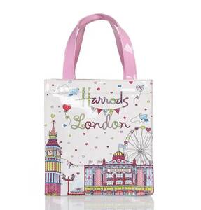 送料無料★即決新品★Harrods London★イギリス・英国★ハロッズ柄ミニトートバッグ★ホワイトPink柄