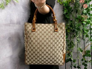 ●超美品●GUCCI グッチ●バンブー●GGキャンバス カーフ レザー 本革●トート バッグ●ブラウン ベージュ●B5 書類 かばん●Js46124