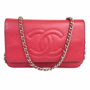 【1円～】シャネル CHANEL バッグ ショルダーバッグ チェーンウォレット デカココ キャビアスキン 財布 ゴールド金具 22番台 レッド 中古