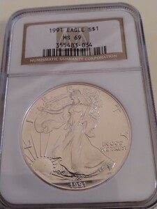 アメリカ 1991 純銀1オンス 1ドル銀貨 Walking Liberty NGC− MS 69