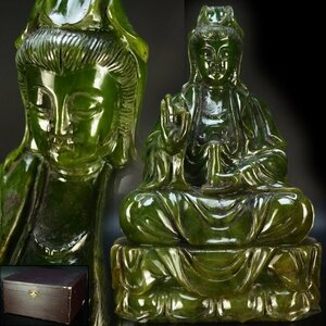 【治】中国古玩　観音菩薩緑玉造置物☆箱付　高19.7ｃｍ　重2822g 　彫刻作品　仏像　唐物　翡翠　床飾り　TH36