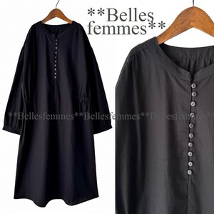 ★Belles*★送料185円★新品★M～L*大人ナチュラル*バンドカラー*コットン100%*ゆったりチュニックワンピース*176567ブラック