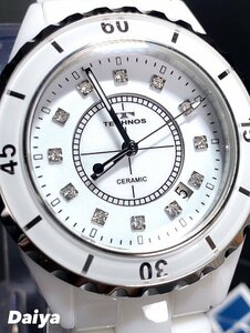 ダイヤモンド付き 新品 テクノス TECHNOS 正規品 腕時計 アナログ腕時計 クオーツ セラミック カレンダー 防水 3針 ホワイト プレゼント