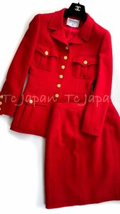 シャネル ジャケット スーツ CHANEL ヴィンテージ レッド 赤 ゴールド CC ボタン ウール ミリタリー スカート 36 38 超美品