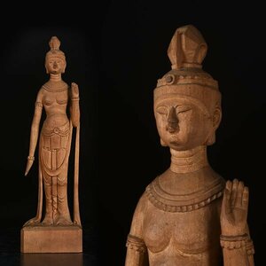 【加】1308eee 仏教美術 木彫 観音菩薩立像 高さ約31,7cm / 仏像