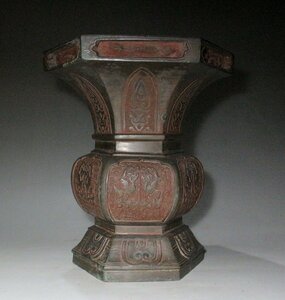 時代市場■宣徳色六角彫入花瓶6寸■寺院仏具・仏像・仏教美術