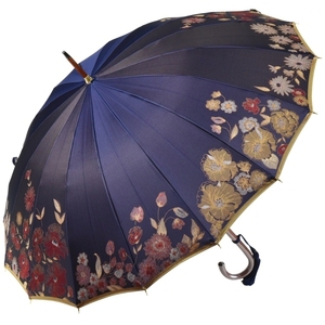 傘 レディース 長傘 前原光榮商店 カーボン16本骨雨傘 花柄ジャガード 籐手元 Florist-Carbon ネイビー