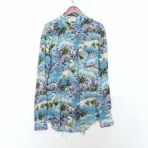 サンローランパリ SAINT LAURENT PARIS 16SS レーヨンアロハダメージ加工長袖シャツ 411620 Y934L ブルー サイズ41 ALOHA SHIRTS