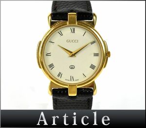 176186□動作確認済 GUCCI グッチ 腕時計 クォーツ 2針 ローマン ラウンド 3400M GP レザー ゴールド ブラック メンズ アナログ/ D