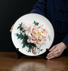 新品　飾り皿　磁器　牡丹の花　花開富貴　装飾　置物　牡丹　手作り　陶磁器 賞物 収納箱付き　プレゼント　お祝い