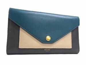 1円 ■美品■ CELINE セリーヌ レザー ホック 三つ折り 長財布 ウォレット 小銭入れ ダークグレー系×グリーン系×ベージュ系 FA1644