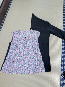 【フェリシモ】USED　レディース　トップス　サマーアンサンブル　ノースリーブカットソー&7部袖カーデガン　Ｍサイズ　黒×小花模様