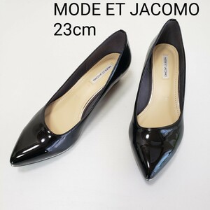 極上品◆MODE ET JACOMO モードエジャコモ パテントレザー ポインテッドトゥ パンプス ローヒール(23.0cm)黒 ブラック