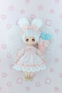 mimippo オビツ11サイズ ワンピースset15 ガーリーリボンワンピースset（白ウサギ×ピンク） outfit ハンドメイド