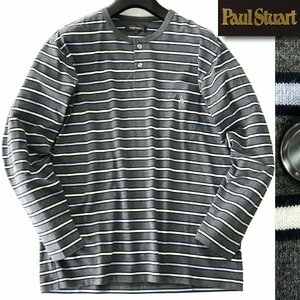 新品 ポールスチュアート ロゴ刺繍 ボーダー ヘンリーネック カットソー S 灰 【I52486】 Paul Stuart メンズ ロンT シャツ 長袖 コットン