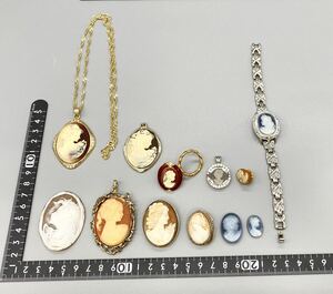 【1円スタート】カメオ アクセサリー ペンダント ペンダントトップ ルース 時計 総重量166g 