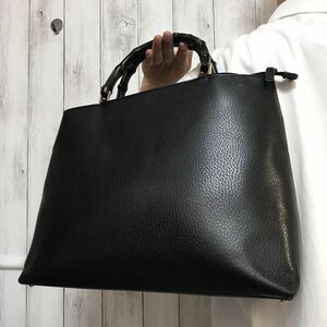 極美品/A4●グッチ GUCCI トートバッグ ブリーフケース ビジネスバッグ メンズ 大容量 書類かばん バンブー 本革 レザー 黒 ブラック 金具 