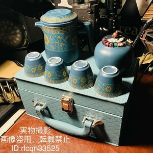 キャンプ 超高品質 携帯用の茶道具 茶缶 セット 湯呑4客 陶磁器 木製断熱 収納ケース付き アウトドア　野外登山　