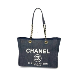 美品◆CHANEL シャネル ドーヴィルライン チェーントートバッグMM◆A67001 18367652 ネイビー デニム レディース bag 鞄